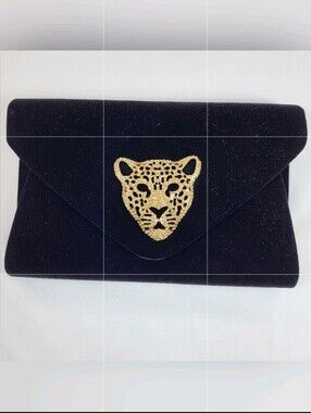 JNB Evening Bag PURSE Black Velvet Envelope Jaguar Leopard Clutch w Chain NWT